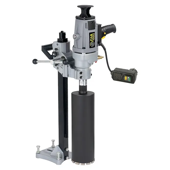 Fartools Taladro perforador de corona CB 2300S - 2.300 W, Diámetro de taladrado máx. en hormigón: 180 mm - Taladro de perforación FAR TOOLS gris con soporte negro, broca montada y cable de alimentación con enchufe de seguridad.