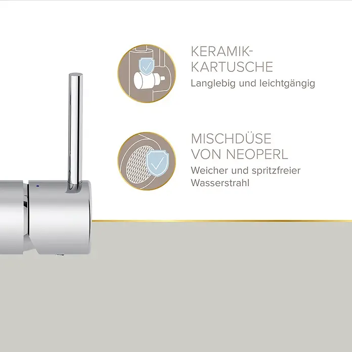 Lenz Bow Waschtischarmatur 2 - Chrom, Glänzend - Verchromte Armatur mit Keramik-Kartusche für Langlebigkeit und Neoperl-Mischdüse für einen weichen, spritzfreien Wasserstrahl.