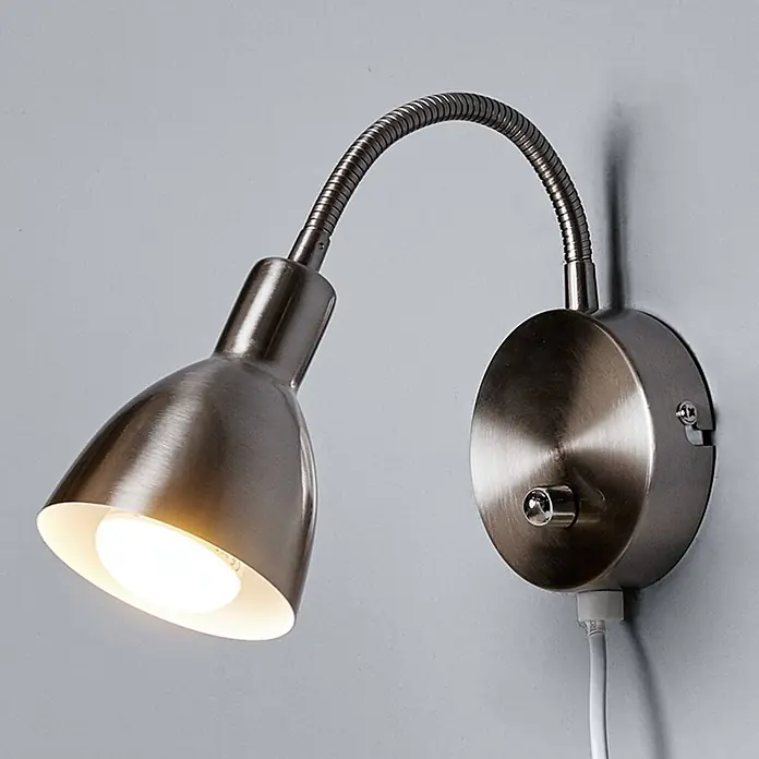 Lindby Wandleuchte Amrei - alu / grau / zink, alu / grau / zink, E14 - Gebürstete Metall-Wandleselampe mit flexiblem Schwanenhals und konischem Schirm.