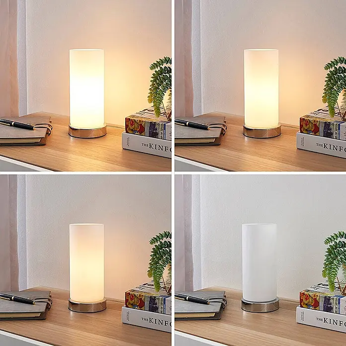 Lindby Tischleuchte Elianna - weiß / opal, E14 - Zylindrische Tischleuchte mit Milchglasschirm und poliertem Metallsockel, mit einstellbarem Licht.