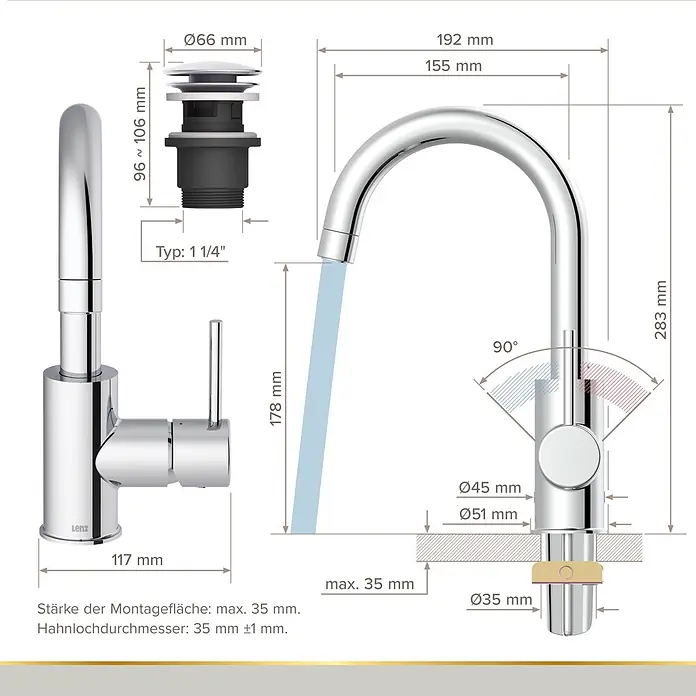 Lenz Bow Waschtischarmatur 2 - Chrom, Glänzend - Verchromte Einhebel-Küchenarmatur mit hohem Auslauf, detailliert mit Maßen und separatem Ablaufventil.