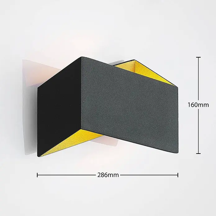 Arcchio Wandleuchte Assona - schwarz, G9 - Geometrische schwarze Wandleuchte mit goldener Innenseite, 286x160mm. Spendet Licht nach oben und unten.