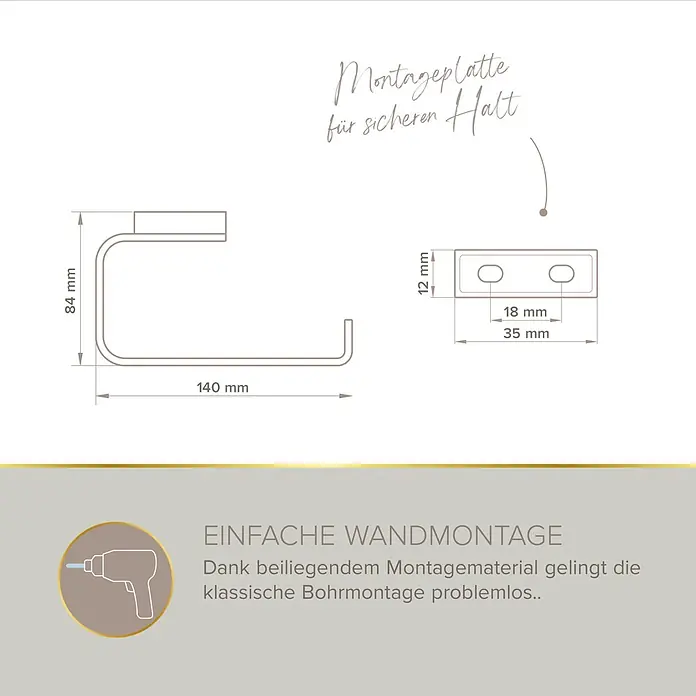 Lenz Aura Toilettenpapierhalter - Ohne Deckel, Chrom, Glänzend - Technische Zeichnung eines Wandhalters (84x140mm) und seiner 35x12mm Montageplatte für eine einfache, sichere Bohrmontage.