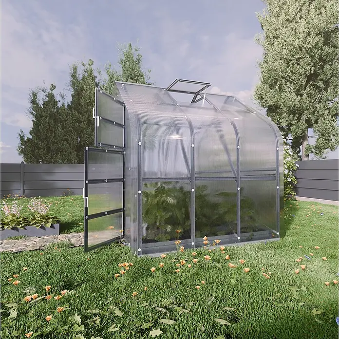 Klasika Greenhouses Gewächshaus Standart Klasika - Außenmaß inkl. Dachüberstand (B x T): 250 x 200 cm, Material Seitenwand: Kunststoff, 4 mm, Silbergrau - Transparentes Polycarbonat-Gewächshaus mit offener Tür und Dachluke, in einem Garten mit Pflanzen darin.