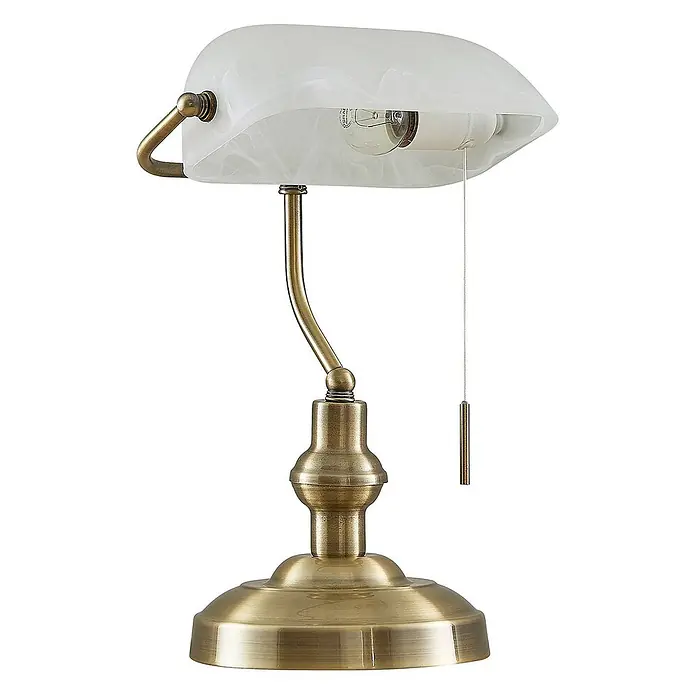 Lindby Tischleuchte Profina - L x B x H: 18,5 x 27,2 x 38,5 cm, bronze / altmessing, weiß / opal, E27 - Bankerlampe aus antikem Messing mit mattiertem weißem Glasschirm und Zugschalter.