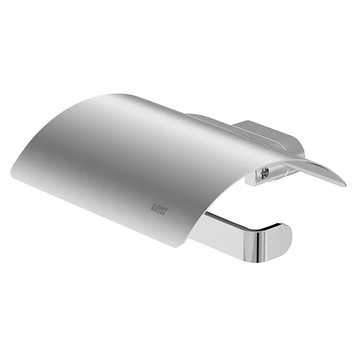 Lenz Aura Toilettenpapierhalter - Chrom - Silberner Toilettenpapierhalter mit moderner gebogener Abdeckung und Lenz-Logo.