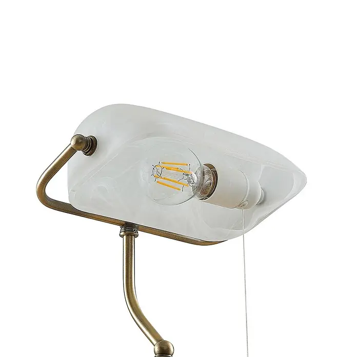 Lindby Tischleuchte Profina - L x B x H: 18,5 x 27,2 x 38,5 cm, bronze / altmessing, weiß / opal, E27 - Antike Messinglampe mit marmoriertem Glasschirm, LED-Glühfadenbirne und Zugkette.