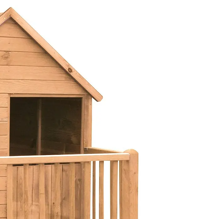 Soulet Caseta infantil Winny - L x An x Al: 155 x 175 x 210 cm, Madera, Natural - Primer plano de una casita de madera con barandilla, ideal para jugar al aire libre.