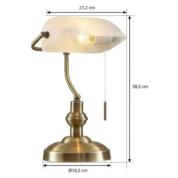 Lindby Tischleuchte Profina - L x B x H: 18,5 x 27,2 x 38,5 cm, bronze / altmessing, weiß / opal, E27 - Antike Messing-Bankerlampe mit satiniertem Glasschirm und Zugschalter.