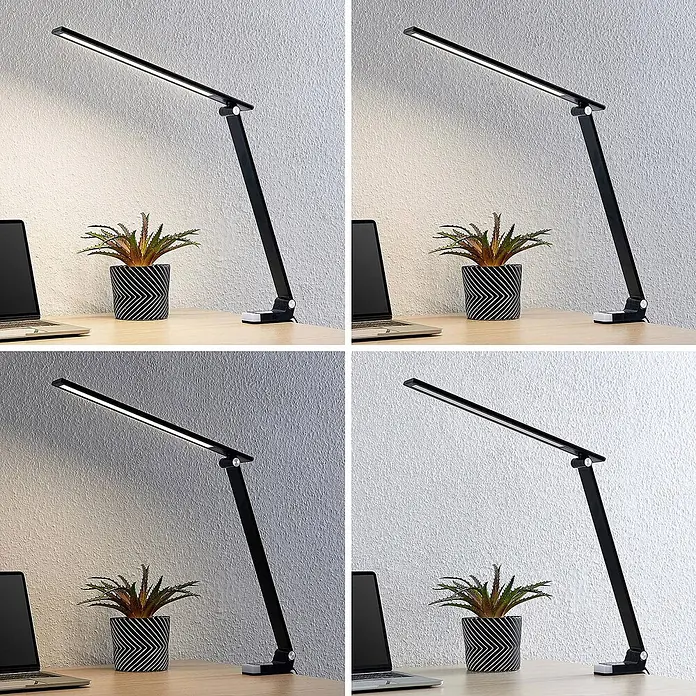 Prios Tischleuchte Tamarin - schwarz - Verstellbare schwarze LED-Schreibtischlampe auf Holztisch, zeigt verschiedene Lichtfarbtemperaturen von warm bis kaltweiß.