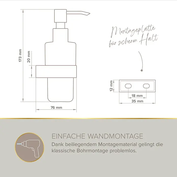 Lenz Aura Seifenspender - Mit Halterung, Chrom, Glänzend - Technische Zeichnung eines wandmontierten Seifenspenders mit Maßen und Montageplatte, die einfache Bohrmontage hervorhebt.
