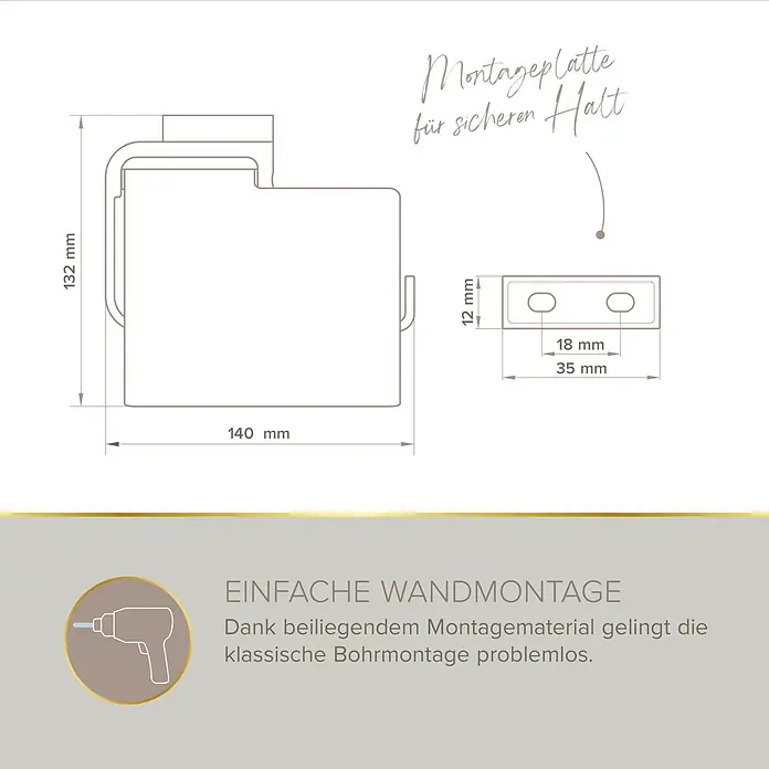 Lenz Aura Toilettenpapierhalter - Mit Deckel, Chrom, Glänzend - Strichzeichnung eines wandmontierten Halters, 132x140 mm, mit Montageplatte und Bohrmaßen für einfache Installation.