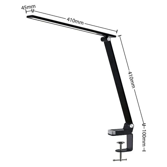 Prios Tischleuchte Tamarin - schwarz - Schwarze Klemm-Schreibtischlampe mit 410mm Lampenkopf und Arm, 45mm Kopfhöhe und 100mm hoher Klemme.