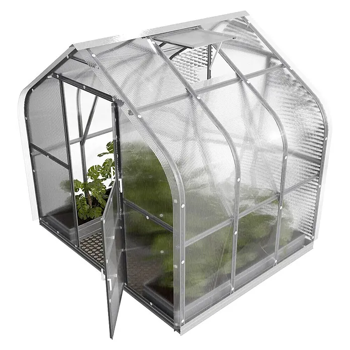 Klasika Greenhouses Gewächshaus Standart Klasika - Außenmaß inkl. Dachüberstand (B x T): 250 x 200 cm, Material Seitenwand: Kunststoff, 4 mm, Silbergrau - Ein transparentes Gewächshaus mit silbernem Rahmen und Pflanzen darin, Tür offen.