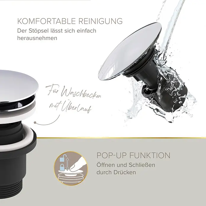 Lenz Bow Waschtischarmatur 2 - Chrom, Glänzend - Verchromter Pop-up-Ablaufstopfen für Waschbecken mit Überlauf, zum einfachen Reinigen herausnehmbar und per Druck zu öffnen/schließen.