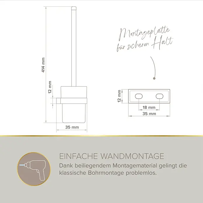 Lenz Aura WC-Bürstengarnitur - Mit Halterung, Chrom, Glänzend - Technisches Datenblatt eines Toilettenbürstenhalters mit Maßen (414mm hoch, 35mm Ø) und Montageplatte für Bohrmontage.