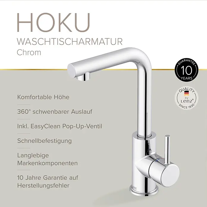 Lenz Waschtischarmatur Hoku - Chrom, Glänzend - Moderne Chrom Waschtischarmatur.