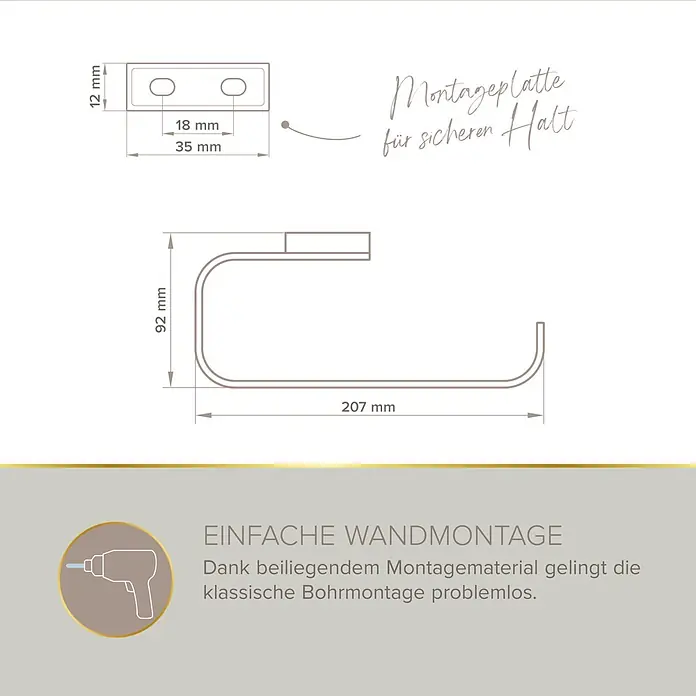 Lenz Aura Handtuchring - Chrom, Glänzend - Technisches Zeichnung eines Metall-Toilettenpapierhalters, 92mm hoch und 207mm breit, mit Wandmontageanleitung.