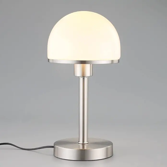 Lindby Tischleuchte Jolie - alu / grau / zink, E27 - Tischleuchte aus gebürstetem Nickel mit kuppelförmigem, mattiertem Glasschirm, warmes Licht spendend.