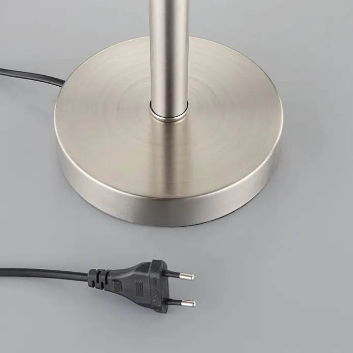 Lindby Tischleuchte Jolie - alu / grau / zink, E27 - Runder Lampenfuß aus gebürstetem Metall mit schwarzem Typ-F-Netzstecker und Kabel.