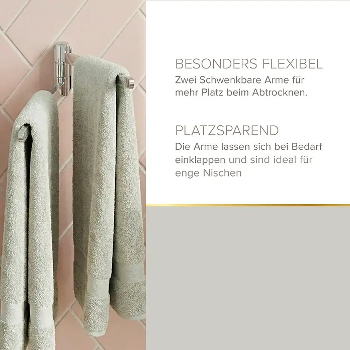 Lenz Aura Handtuchhalter - Breite: 6,5 cm, Silber, Glänzend - Chromfarbener schwenkbarer Handtuchhalter mit zwei hellgrünen Handtüchern an rosa Fliesenwand.