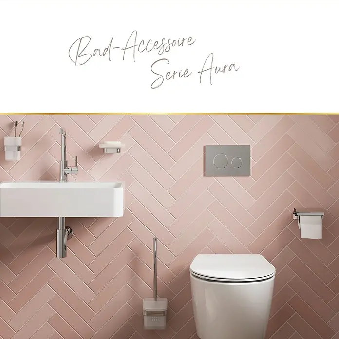 Lenz Aura Toilettenpapierhalter - Ohne Deckel, Chrom, Glänzend - Moderne Badaccessoires in Weiß/Chrom: Zahnbürstenhalter, Seifenschale, WC-Bürste und Toilettenpapierhalter in einem rosa gefliesten Bad.