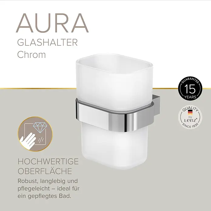 Lenz Aura Glashalter - Chrom, Glänzend, L x B x H: 110 x 80 x 75 mm - Verchromter Glashalter mit mattweißem Becher, ideal für das Badezimmer.
