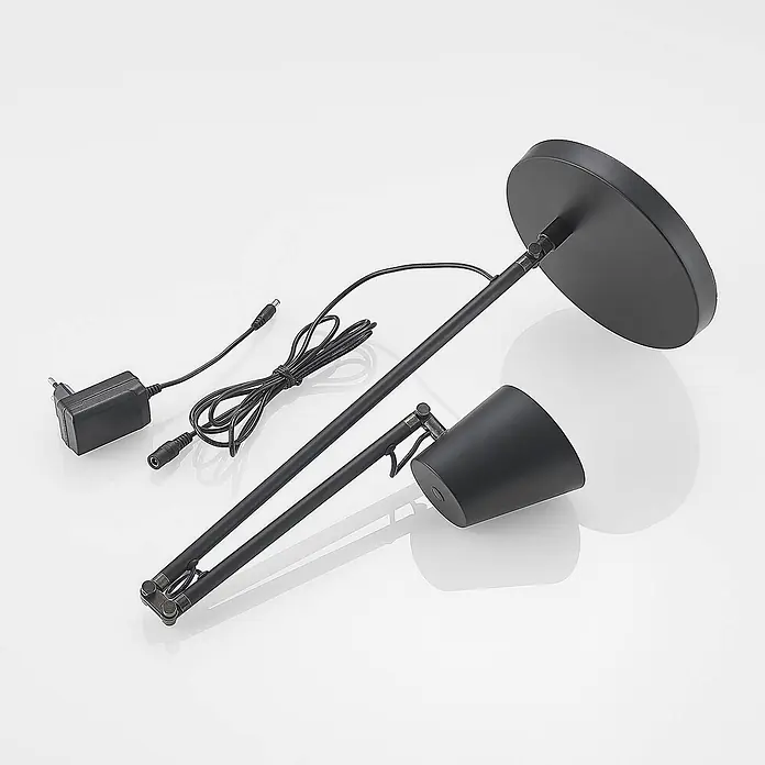 Lucande Tischleuchte Tarris - L x B x H: 40 x 18 x 46 cm, schwarz, schwarz - Schwarze Metall-Schreibtischlampe mit verstellbarem Arm und separatem Netzteil.