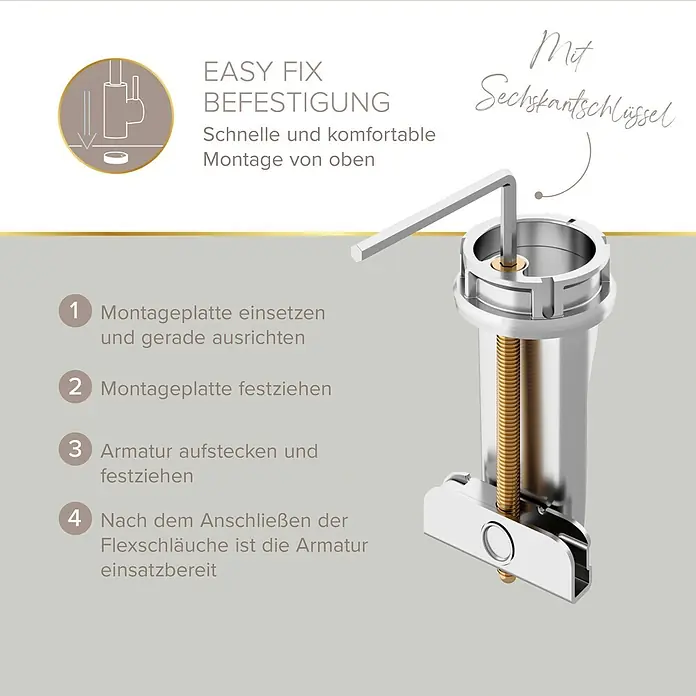 Lenz Bow Waschtischarmatur 2 - Chrom, Glänzend - Ein silbernes Wasserhahn-Befestigungssystem mit Gewindestab aus Messing, das mit einem Sechskantschlüssel festgezogen wird. Schnelle und bequeme Montage von oben.