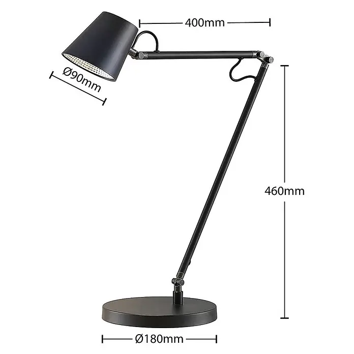 Lucande Tischleuchte Tarris - L x B x H: 40 x 18 x 46 cm, schwarz, schwarz - Verstellbare mattschwarze Metall-Schreibtischlampe mit geradem Arm, konischem Schirm und rundem Fuß, ideal für Schreibtische.