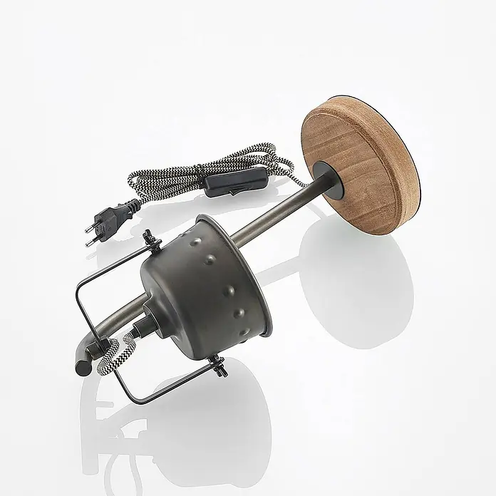 Lindby Tischleuchte Rubinjo - L x B x H: 20 x 13 x 36,5 cm, Holz dunkel, schwarz, GU10 - Industrieller Metallstrahler mit Holzsockel und geflochtenem Stromkabel mit Stecker und Schalter.
