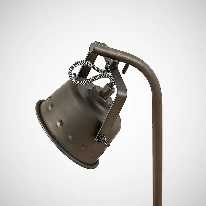 Lindby Tischleuchte Rubinjo - L x B x H: 20 x 13 x 36,5 cm, Holz dunkel, schwarz, GU10 - Dunkelbronzefarbener Metalllampenkopf, abwärts geneigt, mit texturierter Kuppel, erhabenen Punkten und schwarz-weiß geflochtenem Kabel.