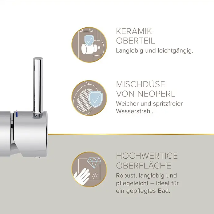 Lenz Waschtischarmatur Hoku - Chrom, Glänzend - Moderner Chromwasserhahn mit langlebiger Keramikkartusche, Neoperl-Strahlregler und pflegeleichter Oberfläche.