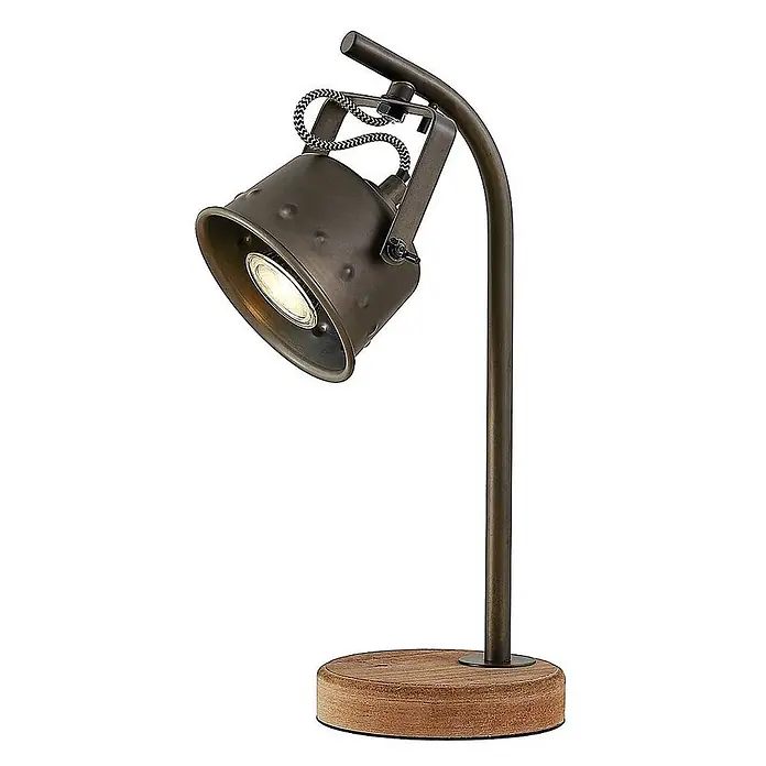 Lindby Tischleuchte Rubinjo - L x B x H: 20 x 13 x 36,5 cm, Holz dunkel, schwarz, GU10 - Schreibtischlampe im Industriestil mit dunkelbronzefarbenem Spotkopf, gebogenem Arm und rundem Holzsockel. Licht ist an.