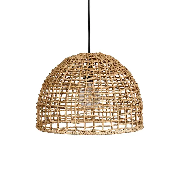 PR Home Pendelleuchte 46cm Outdoor - 40 W, E27 - Kuppelförmige Pendelleuchte mit gewebtem Naturfaserschirm und sichtbarer Glühbirne, an schwarzem Kabel.