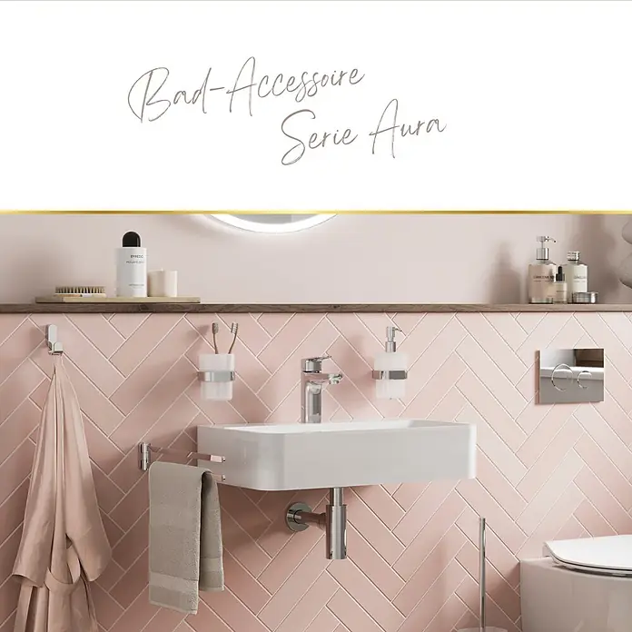 Lenz Aura Glashalter - Chrom, Glänzend, L x B x H: 110 x 80 x 75 mm - Modernes Bad mit Chrom-Accessoires der 'Aura'-Serie: Armatur, Seifenspender, Zahnbürstenhalter, Handtuchhalter und Haken auf rosa Fliesen.