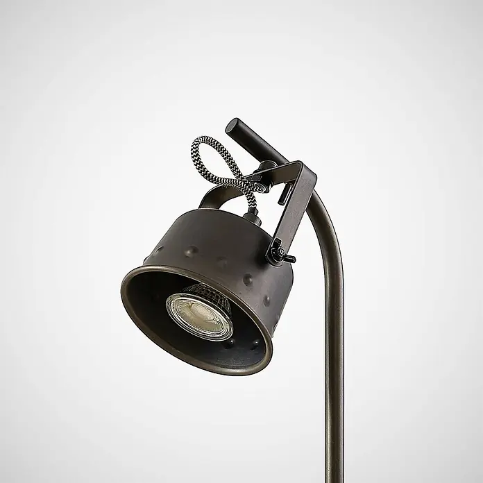 Lindby Tischleuchte Rubinjo - L x B x H: 20 x 13 x 36,5 cm, Holz dunkel, schwarz, GU10 - Dunkelbronzener Lampenkopf im Industriestil mit klarer Glühbirne und dekorativem geflochtenem Kabel an einem gebogenen Metallarm.