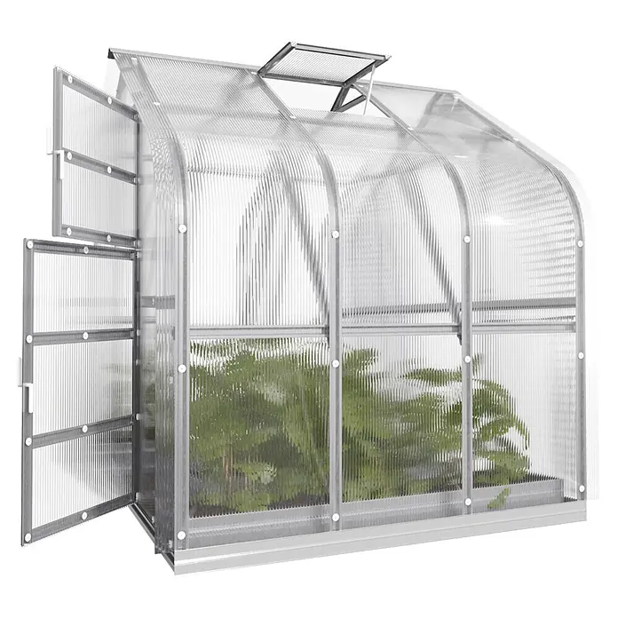 Klasika Greenhouses Gewächshaus Standart Klasika - Außenmaß inkl. Dachüberstand (B x T): 250 x 200 cm, Material Seitenwand: Kunststoff, 4 mm, Silbergrau - Gewächshaus aus Polycarbonat mit silbernem Rahmen, offener Tür und Dachluke, Pflanzen im Inneren.
