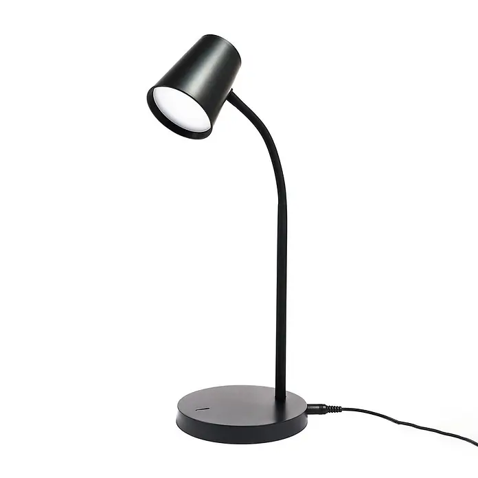 Lindby Tischleuchte Ailina - schwarz, schwarz - Schwarze Schreibtischlampe mit zylindrischem Kopf, flexiblem Hals und rundem Sockel mit Netzkabel.