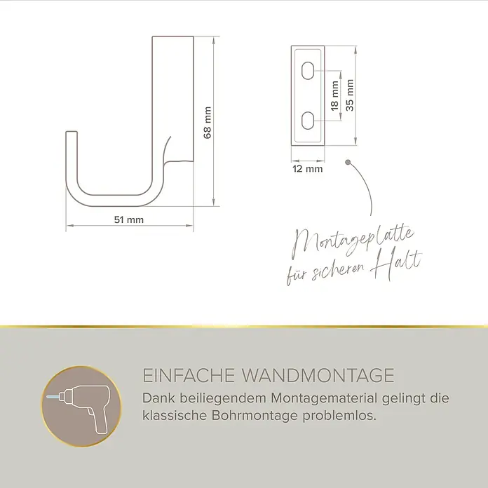 Lenz Aura Handtuchhaken - 1-armig, Verchromt - Technische Zeichnung eines Wandhakens, 68x51mm, mit 12x35mm Montageplatte für sichere Bohrmontage. Maße sind angegeben.
