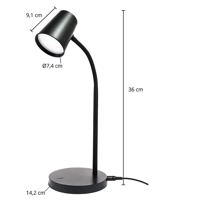 Lindby Tischleuchte Ailina - schwarz, schwarz - Schwarze Schreibtischlampe mit flexiblem Schwanenhals und rundem Fuß, mit Maßen dargestellt.