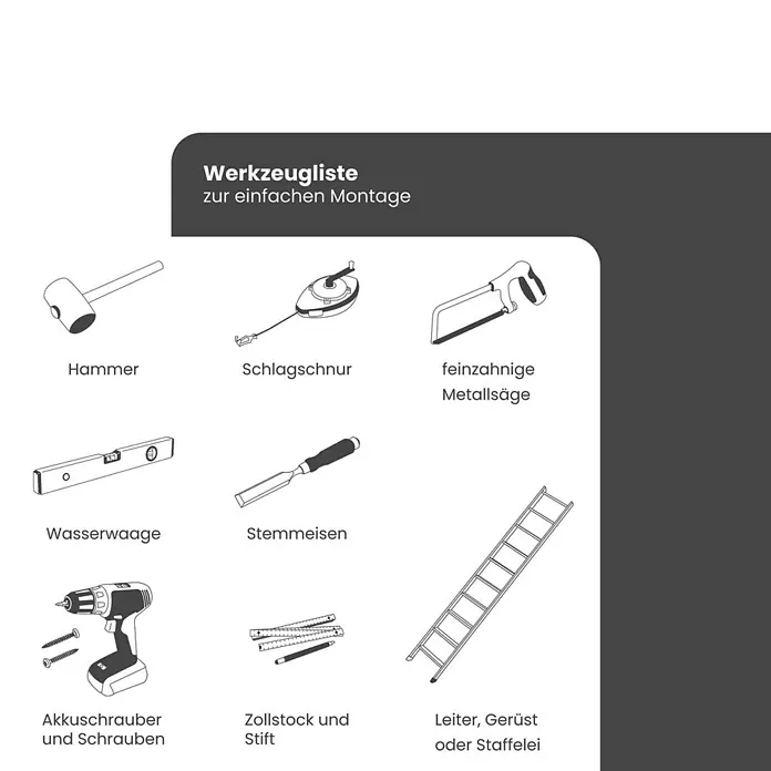 Zambelli Dachrinne 4m RG 333 Komplettset Zink für Haus in Anthrazit - Nennweite: 150 mm, Stahl, Anthracite - Werkzeugliste zur einfachen Montage: Hammer, Schlagschnur, Säge, Wasserwaage, Stemmeisen, Akkuschrauber m. Schrauben, Zollstock m. Stift, Leiter.