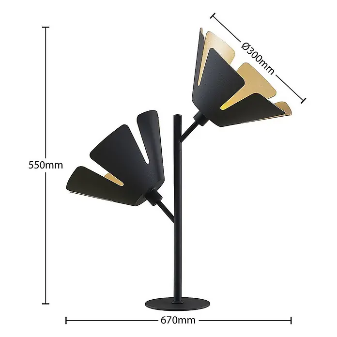 Lucande Tischleuchte Jemmily - L x B x H: 30 x 30 x 55 cm, schwarz, E14 - Moderne schwarz-goldene Tischleuchte mit zwei blumenförmigen Schirmen und schwarzem Fuß.