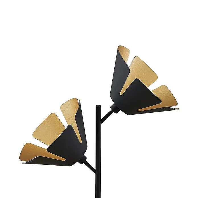 Lucande Tischleuchte Jemmily - L x B x H: 30 x 30 x 55 cm, schwarz, E14 - Zweigelige Stehleuchte mit schwarzen Stielen und schwarz-goldenen blütenförmigen Schirmen.