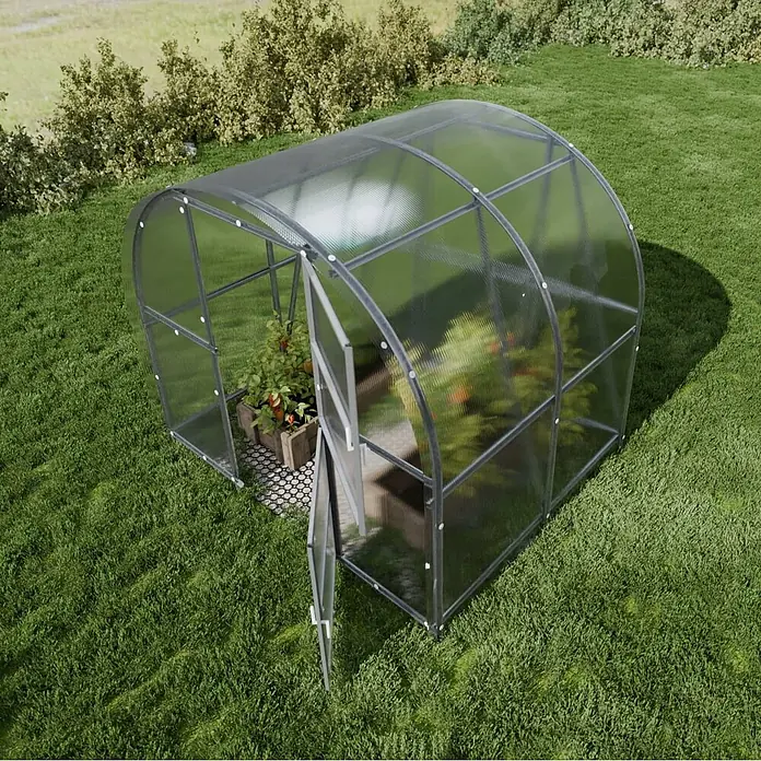 Klasika Greenhouses Gewächshaus Baltic Lt Klasika - Außenmaß inkl. Dachüberstand (B x T): 300 x 200 cm, Material Seitenwand: Kunststoff, 4 mm, Silbergrau - Gewölbtes Polycarbonat-Gewächshaus mit dunklem Rahmen, Pflanzen im Inneren.