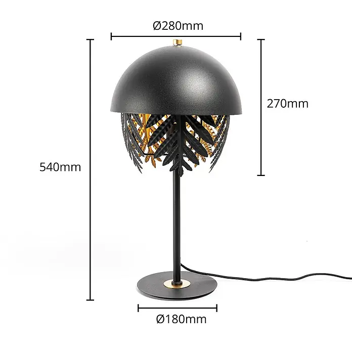 Lucande Tischleuchte Aparas - L x B x H: 28 x 28 x 54 cm, schwarz, schwarz, E27 - Schwarz-goldene Tischleuchte mit kuppelförmigem Schirm, der kunstvolle Blattausschnitte aufweist, auf schwarzem Standfuß und runder Basis.