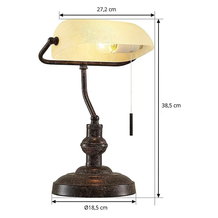 Lindby Tischleuchte Profina - L x B x H: 18,5 x 27,2 x 38,5 cm, braun / rost, creme / amber, E27 - Bankerlampe im Vintage-Stil mit gealtertem Bronze-Finish Metallfuß und cremefarbenem mattiertem Glasschirm. Mit Zugkettenschalter.