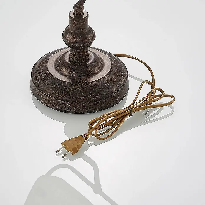 Lindby Tischleuchte Profina - L x B x H: 18,5 x 27,2 x 38,5 cm, braun / rost, creme / amber, E27 - Bronzefarbener Lampenfuß mit gebündeltem hellbraunem Netzkabel und Stecker.