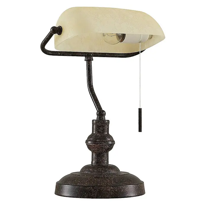 Lindby Tischleuchte Profina - L x B x H: 18,5 x 27,2 x 38,5 cm, braun / rost, creme / amber, E27 - Banker-Schreibtischlampe mit geölter Bronzeoptik und mattiertem Cremeglas-Schirm, Zugschalter.