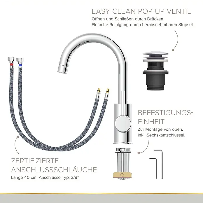 Lenz Bow Waschtischarmatur 2 - Chrom, Glänzend - Verchromte Armatur mit flexiblen Anschlussschläuchen, Pop-Up-Ventil und Befestigungseinheit.